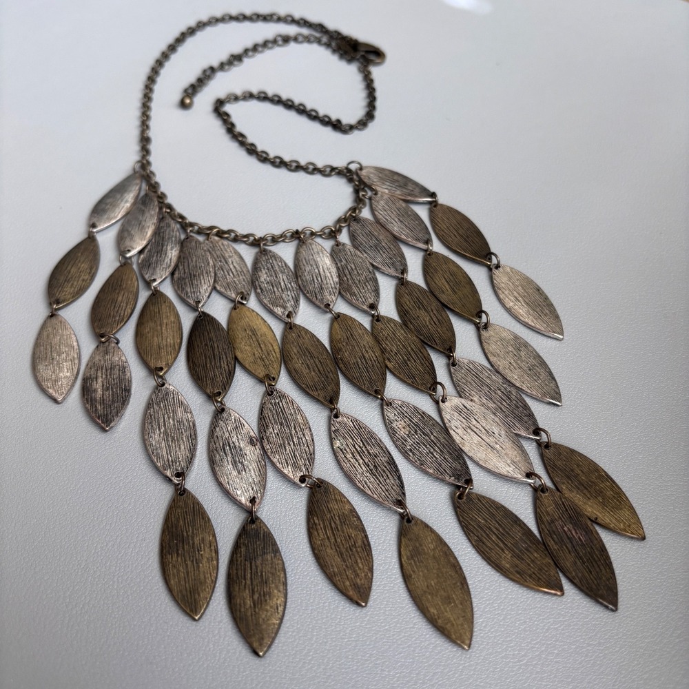 Chico's Fringe Chain Statement Necklace Antique Silver Gold Tone Textured 18.5"